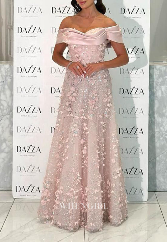 Blush A-Line Off Shoulder Sleeves Back Zipper Floral Floor Length Formal Evening Dress