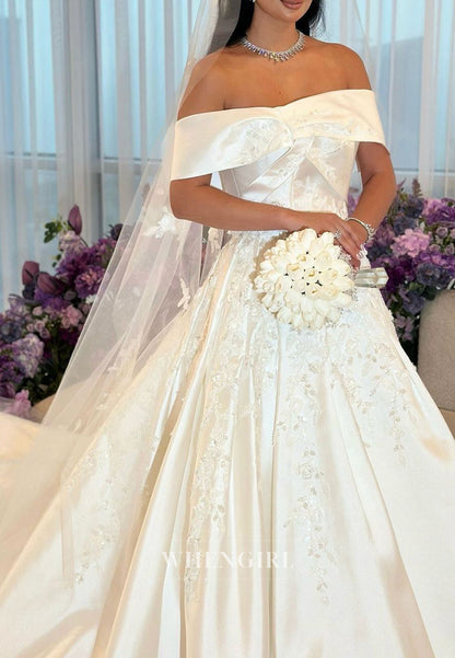 Off Shoulder Pleated Back Zipper A-Line Wedding Dress with Court Train