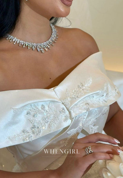 Off Shoulder Pleated Back Zipper A-Line Wedding Dress with Court Train