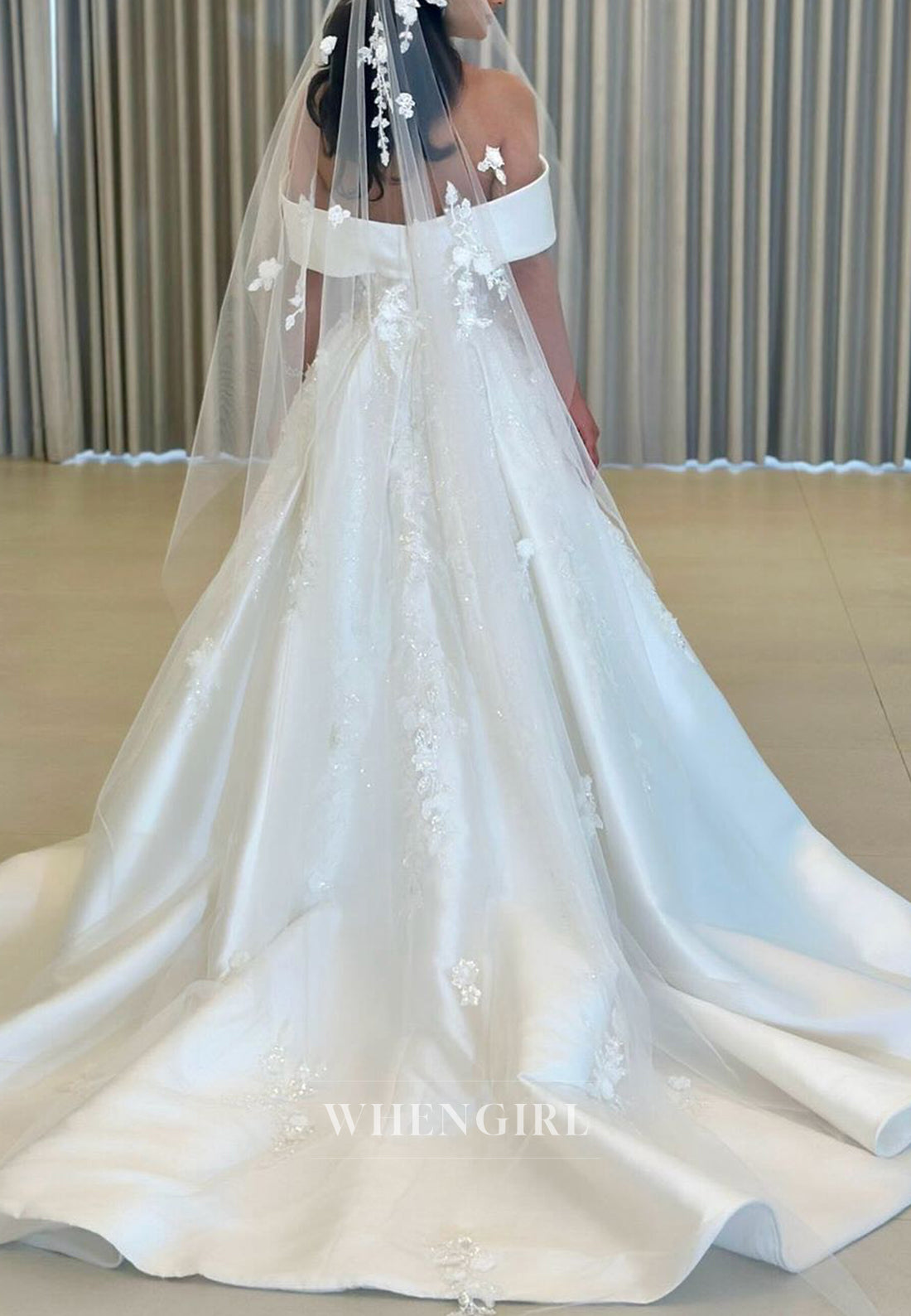 Off Shoulder Pleated Back Zipper A-Line Wedding Dress with Court Train