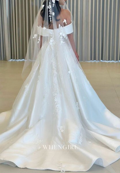 Off Shoulder Pleated Back Zipper A-Line Wedding Dress with Court Train