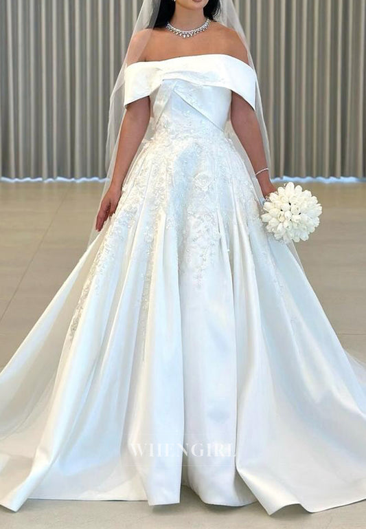 Off Shoulder Pleated Back Zipper A-Line Wedding Dress with Court Train