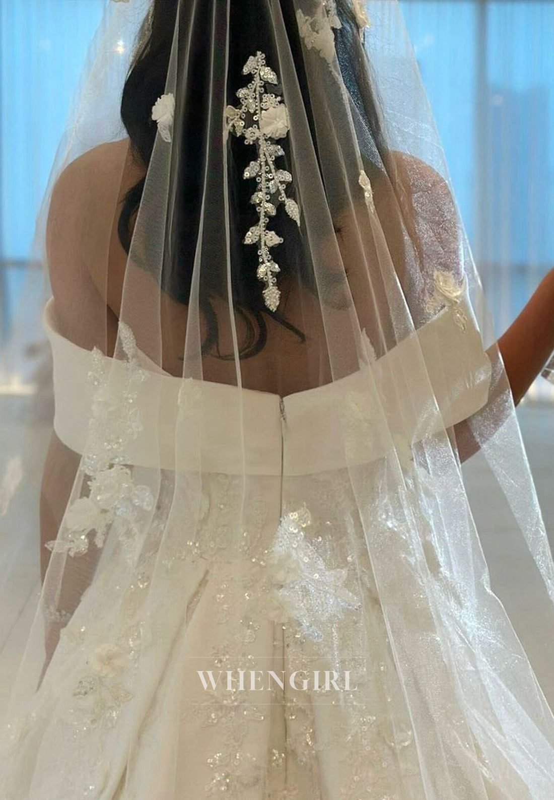 Off Shoulder Pleated Back Zipper A-Line Wedding Dress with Court Train