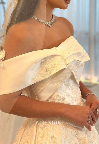 Off Shoulder Pleated Back Zipper A-Line Wedding Dress with Court Train