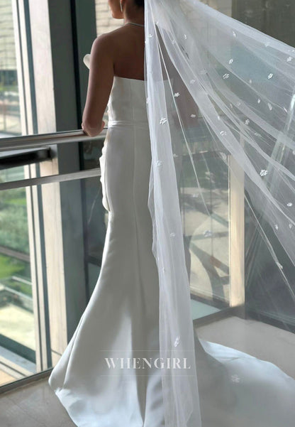 Strapless Beaded Pleated Sleeveless Sweep Train Mermaid Wedding Dress