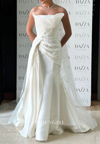 Strapless Beaded Pleated Sleeveless Sweep Train Mermaid Wedding Dress