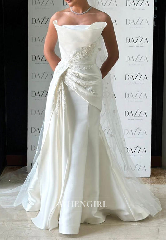 Strapless Beaded Pleated Sleeveless Sweep Train Mermaid Wedding Dress
