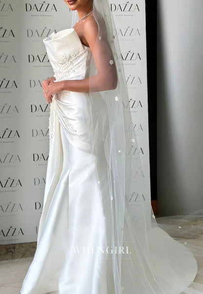 Strapless Beaded Pleated Sleeveless Sweep Train Mermaid Wedding Dress
