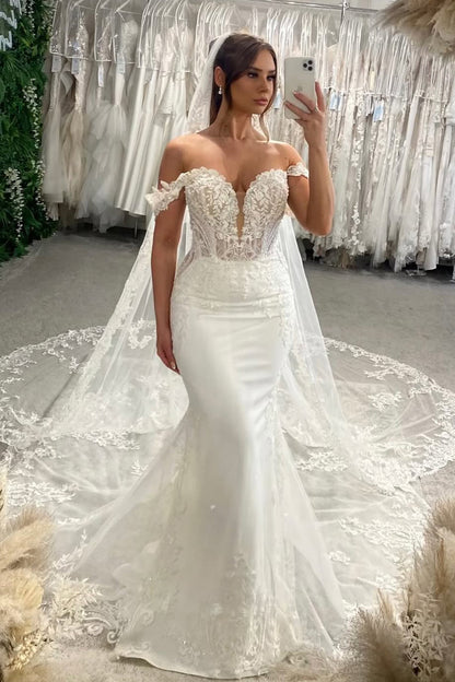 Gorgeous Off the Shoulder Mermaid Sequins Lace Wedding Dress with Appliques