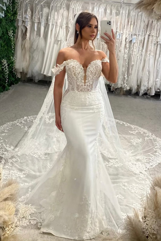 Gorgeous Off the Shoulder Mermaid Sequins Lace Wedding Dress with Appliques