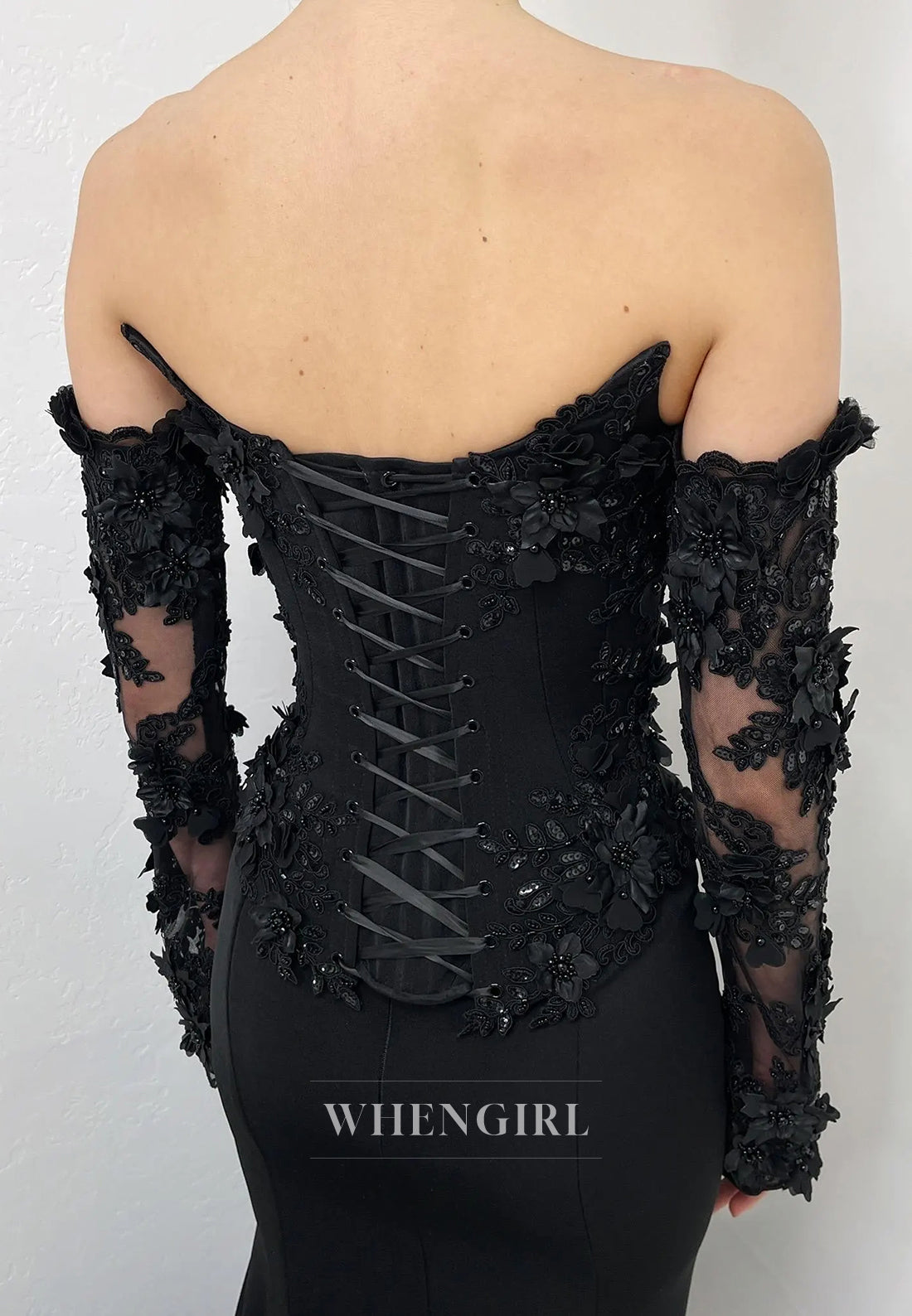 Black V Neck Long Sleeves Appliuqed Lace Mermaid Wedding Dress with Train