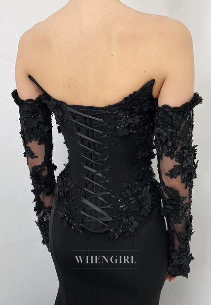 Black V Neck Long Sleeves Appliuqed Lace Mermaid Wedding Dress with Train