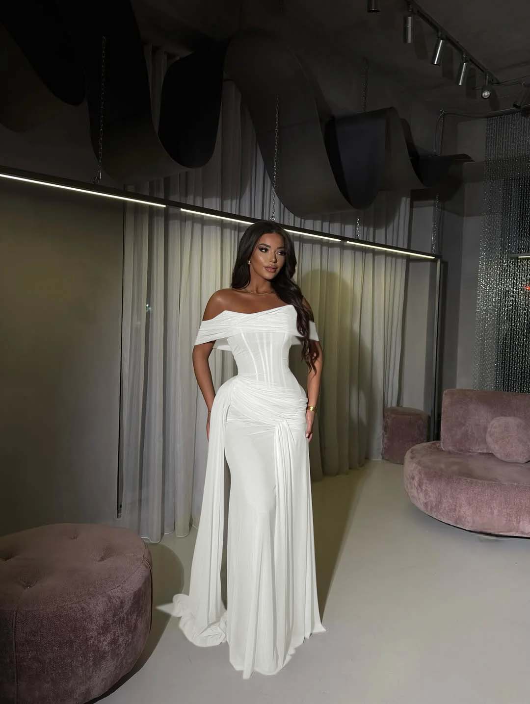 Blushing Pink Romantic Pleated Floor Length Off-The-Shoulder Prom Dress