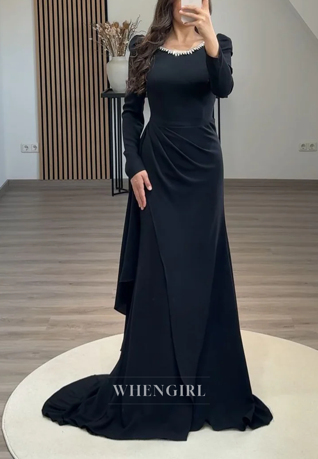 Sheath Beading Scoop Neck Pleated Long Sleeves Sweep Train Formal Party Dress
