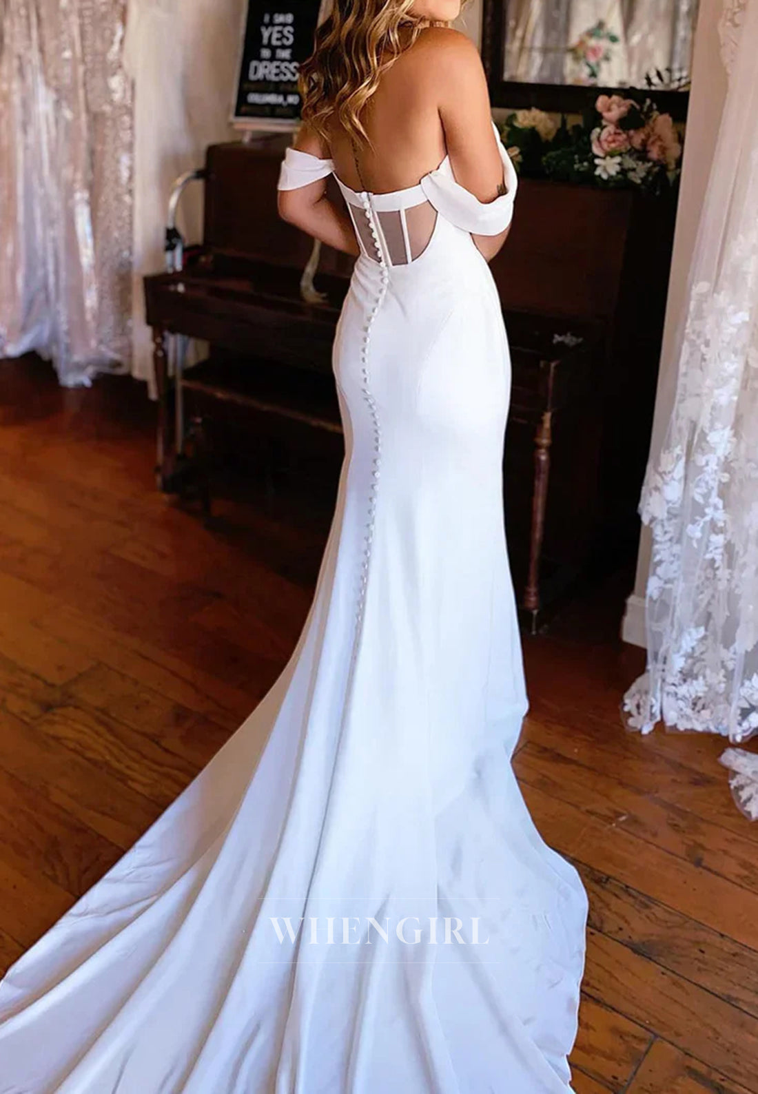 Simple Off Shoulder Sweep Train Mermaid Button Wedding Dress