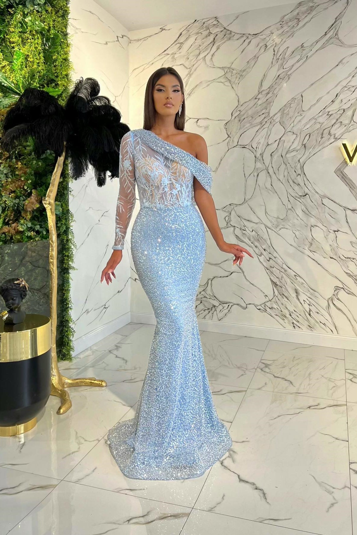 One Shoulder Long Sleeve Mermaid Evening Dress With Sequins