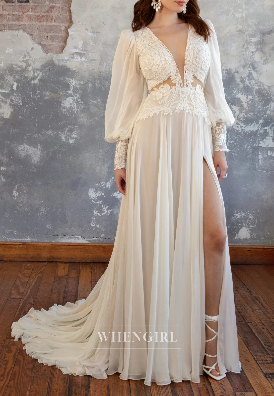 A-Line V Neck Appliqued Lace Long Sleeves Cut Out Side Slit Sweep Train Boho Beach Wedding Dress
