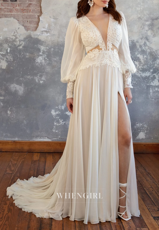 A-Line V Neck Appliqued Lace Long Sleeves Cut Out Side Slit Sweep Train Boho Beach Wedding Dress