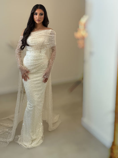 Pale Blush Off Shoudler Long Sleeves Beaded Sheath Evening Gown with Sweep Train