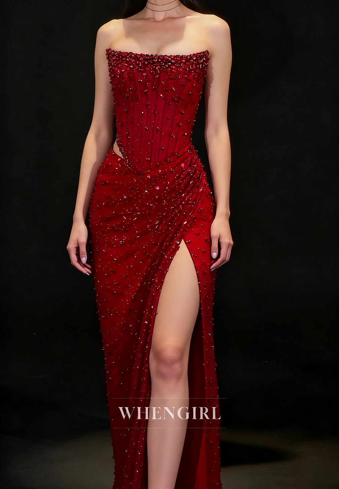 Sheath Full Beaded Strapless Sleeveless Pleated Side Slit Formal Prom Dress