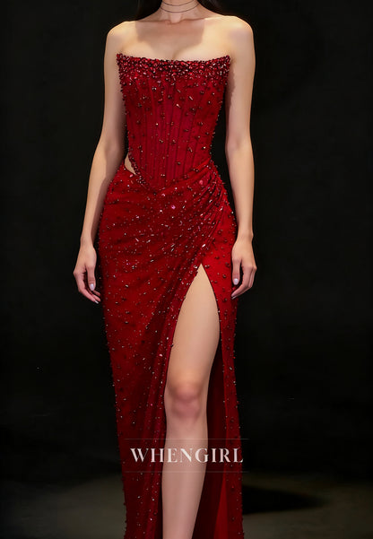 Sheath Full Beaded Strapless Sleeveless Pleated Side Slit Formal Prom Dress