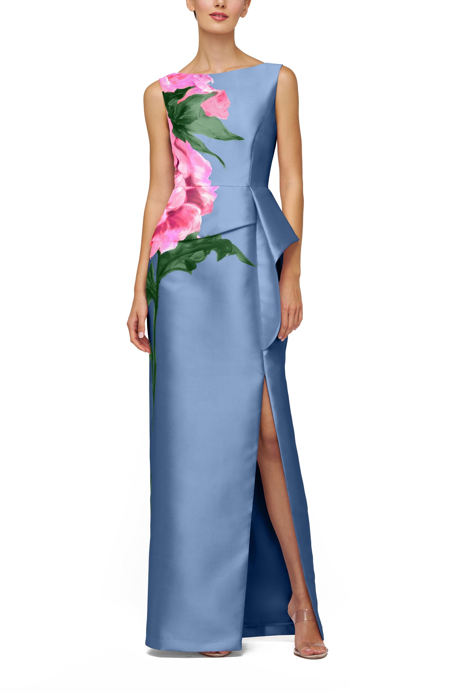 Blue Sheath Bateau Neck Slit Flower Column Gown