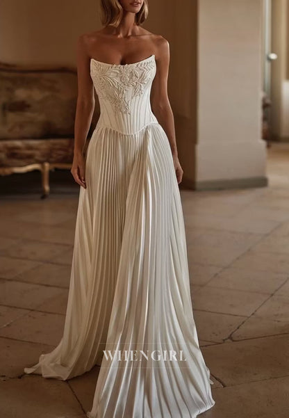 Scoop Neck Pleated Embroidery A-Line Wedding Dress