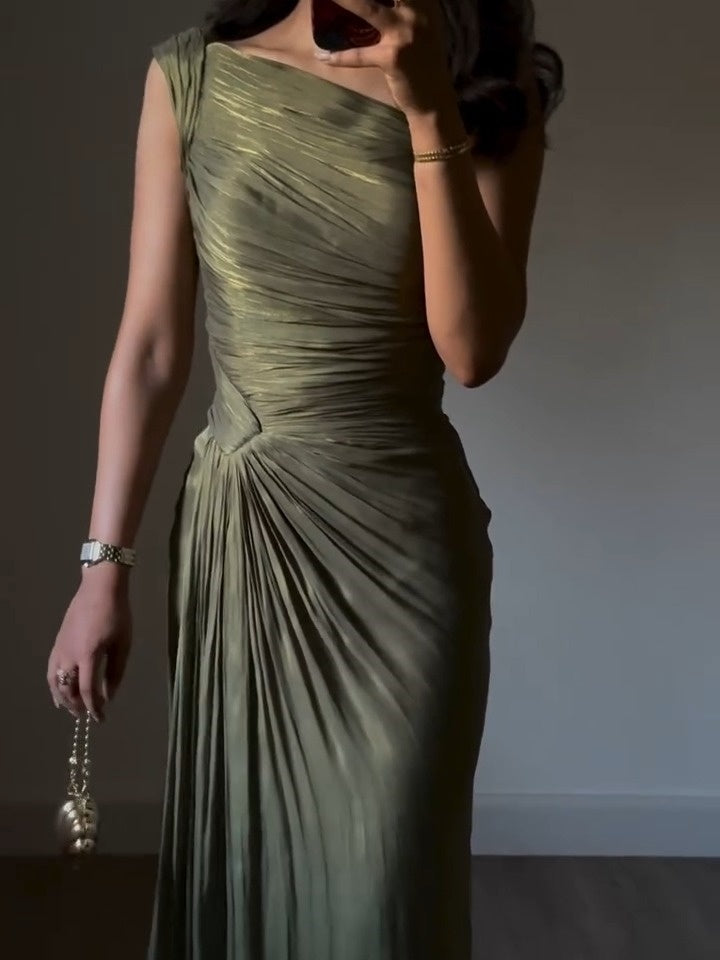 Pleated Bodycon One Shoulder Draped Evening Dress