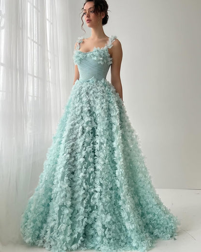 Flower Dreamy Spaghetti-Straps Mint Green Sleeveless Prom Dress