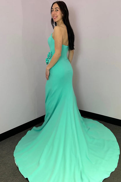 Mermaid Strapless Mint Satin Long Prom Dresses with Slit