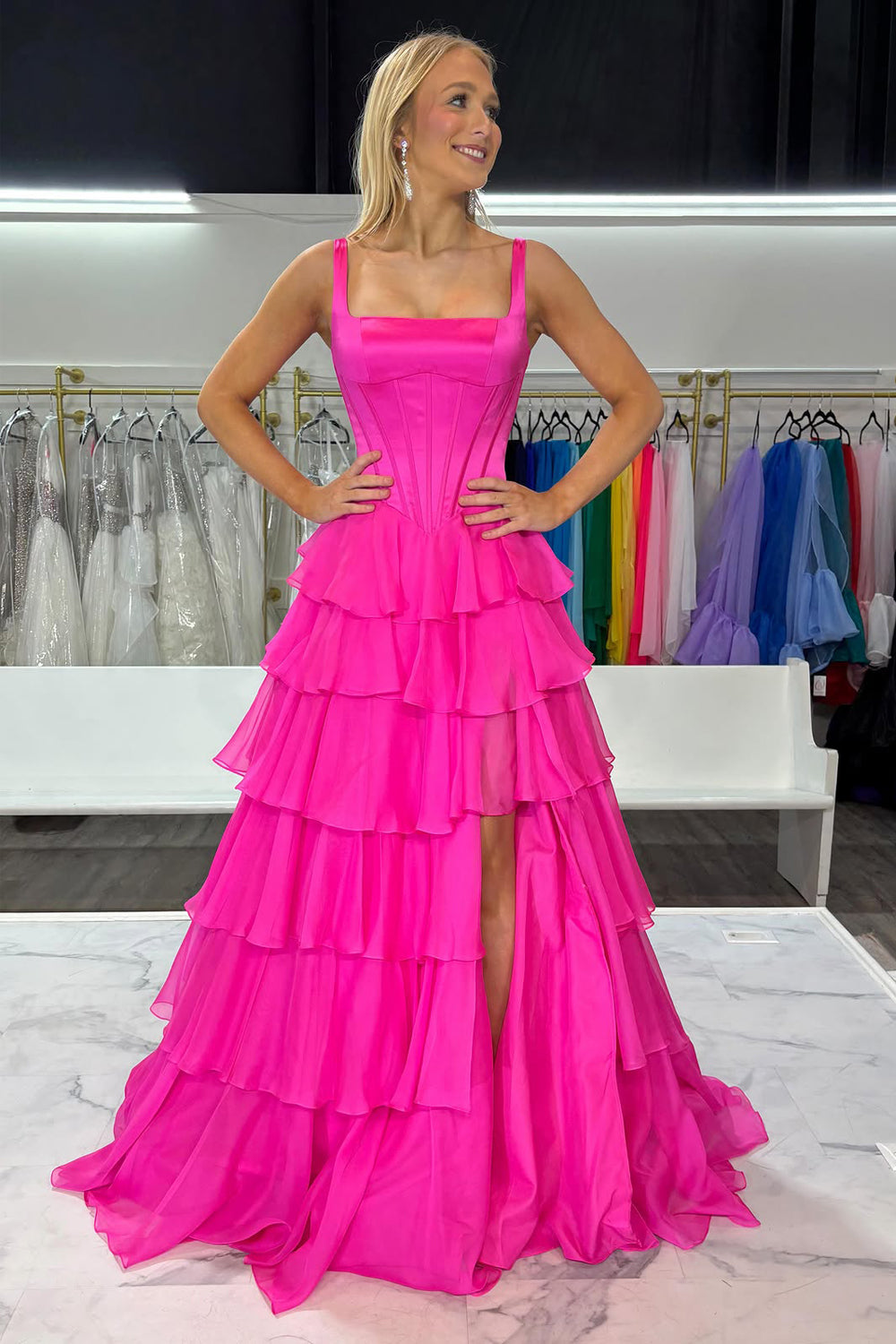 Cute A Line Square Neck Fuchsia Chiffon Long Prom Dress with Slit