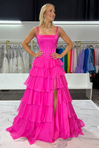 Cute A Line Square Neck Fuchsia Chiffon Long Prom Dress with Slit