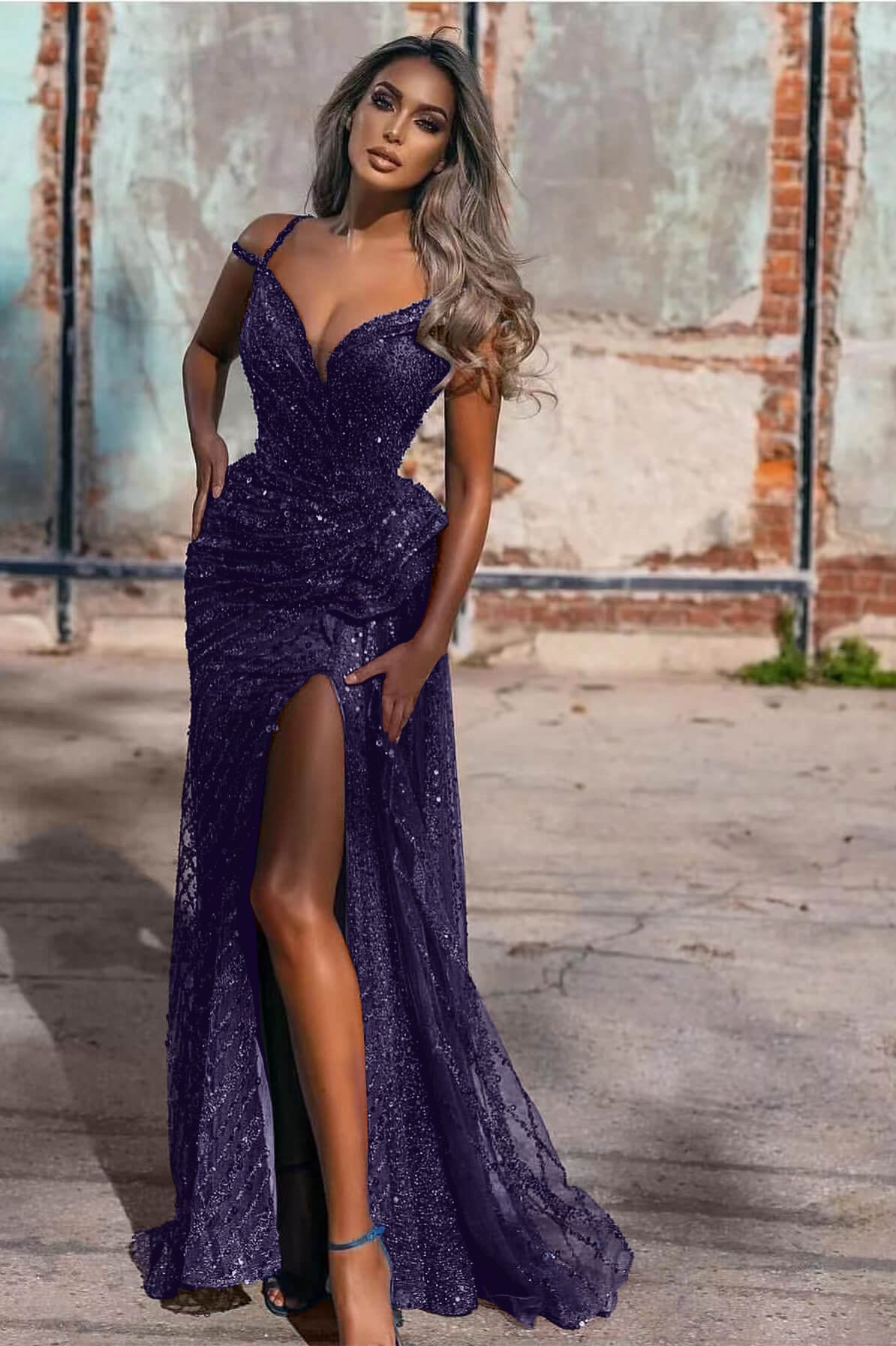 Royal Blue Off the Shoulder Sleeveless Evening Dress Mermaid Sequins With Split