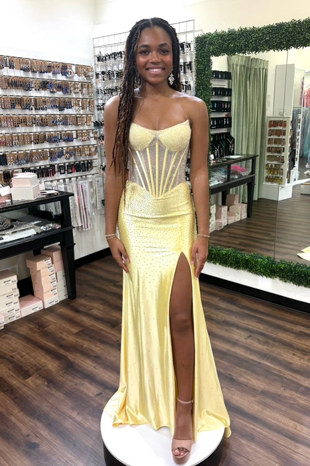 Stunning Mermaid Scoop Neck Aqua Hot Fix Satin Prom Dress with Slit