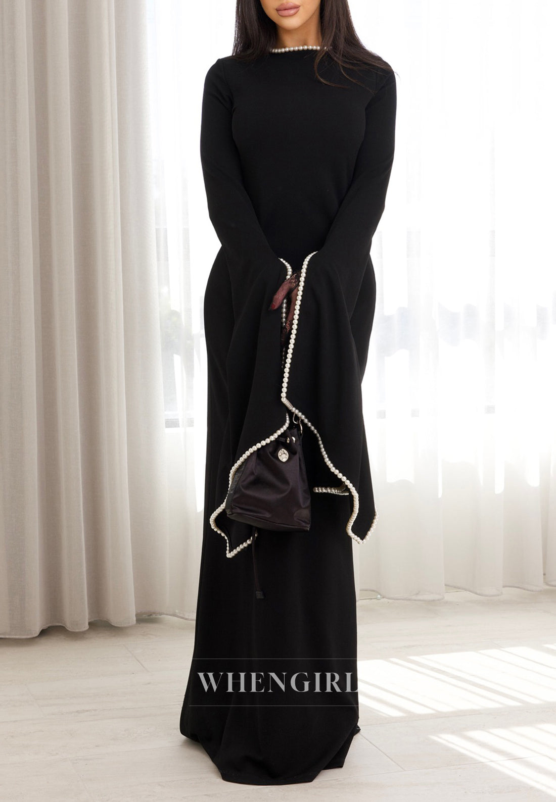Sheath Beateau Neck Floor Length Formal Dress Long Sleeves Beaded Pearls Evening Gown