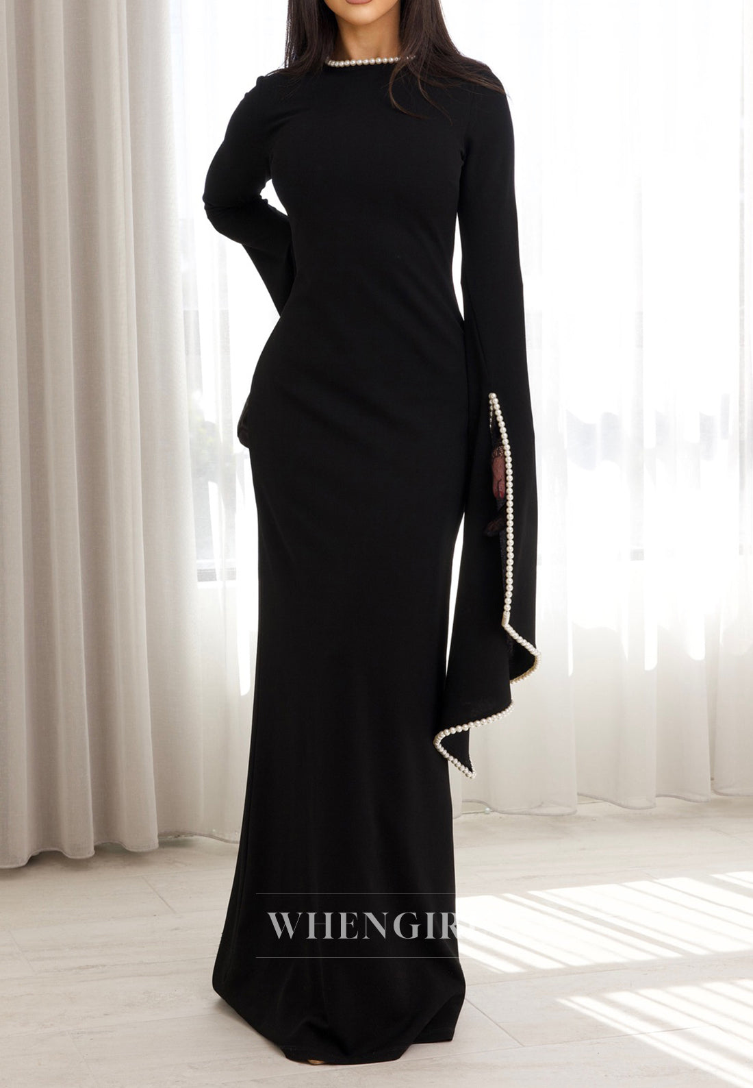 Sheath Beateau Neck Floor Length Formal Dress Long Sleeves Beaded Pearls Evening Gown