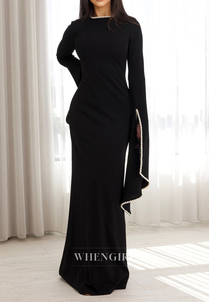 Sheath Beateau Neck Floor Length Formal Dress Long Sleeves Beaded Pearls Evening Gown