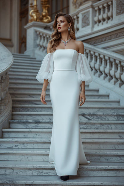 Off Shoulder Short Puff Sleeves Simple Wedding Dress