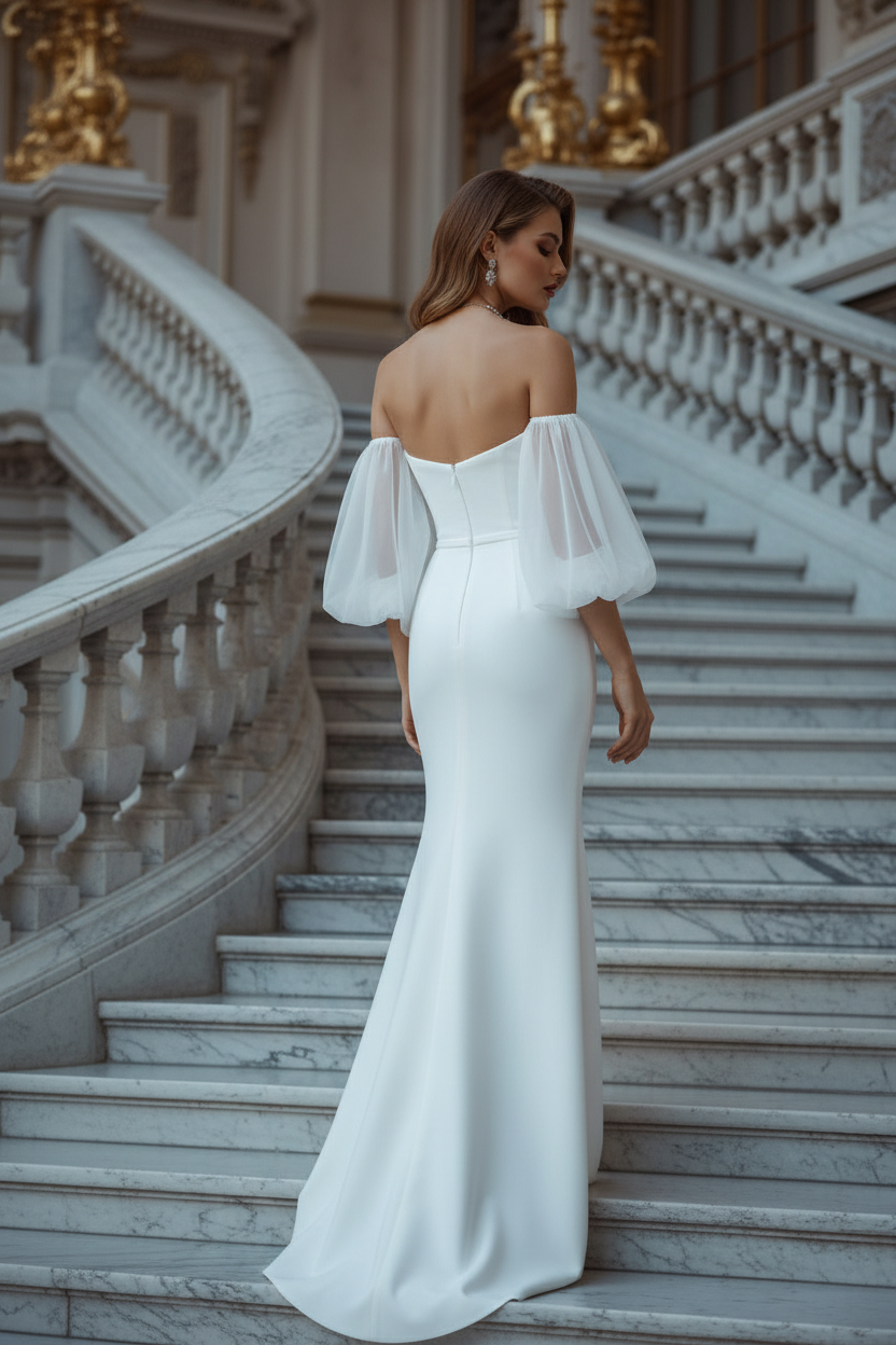 Off Shoulder Short Puff Sleeves Simple Wedding Dress