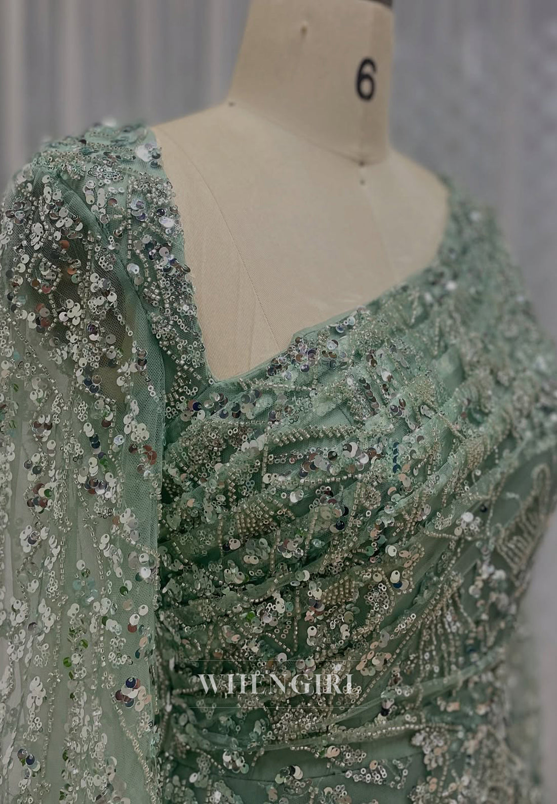 A-Line Green Asymmetrical Neck Long Bell Sleeves Beaded Back Zipper Evening Formal Gown