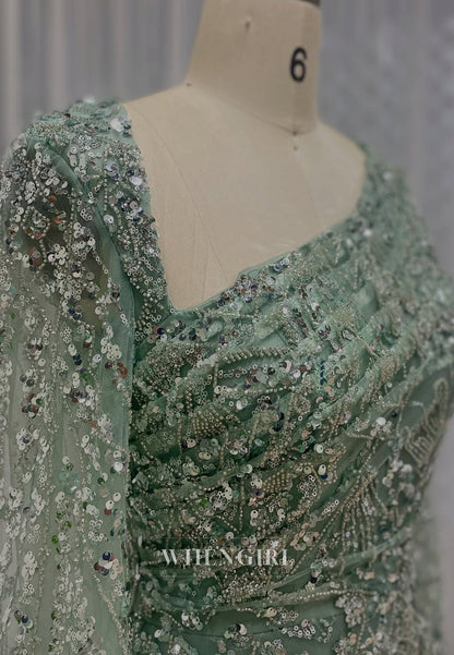 A-Line Green Asymmetrical Neck Long Bell Sleeves Beaded Back Zipper Evening Formal Gown