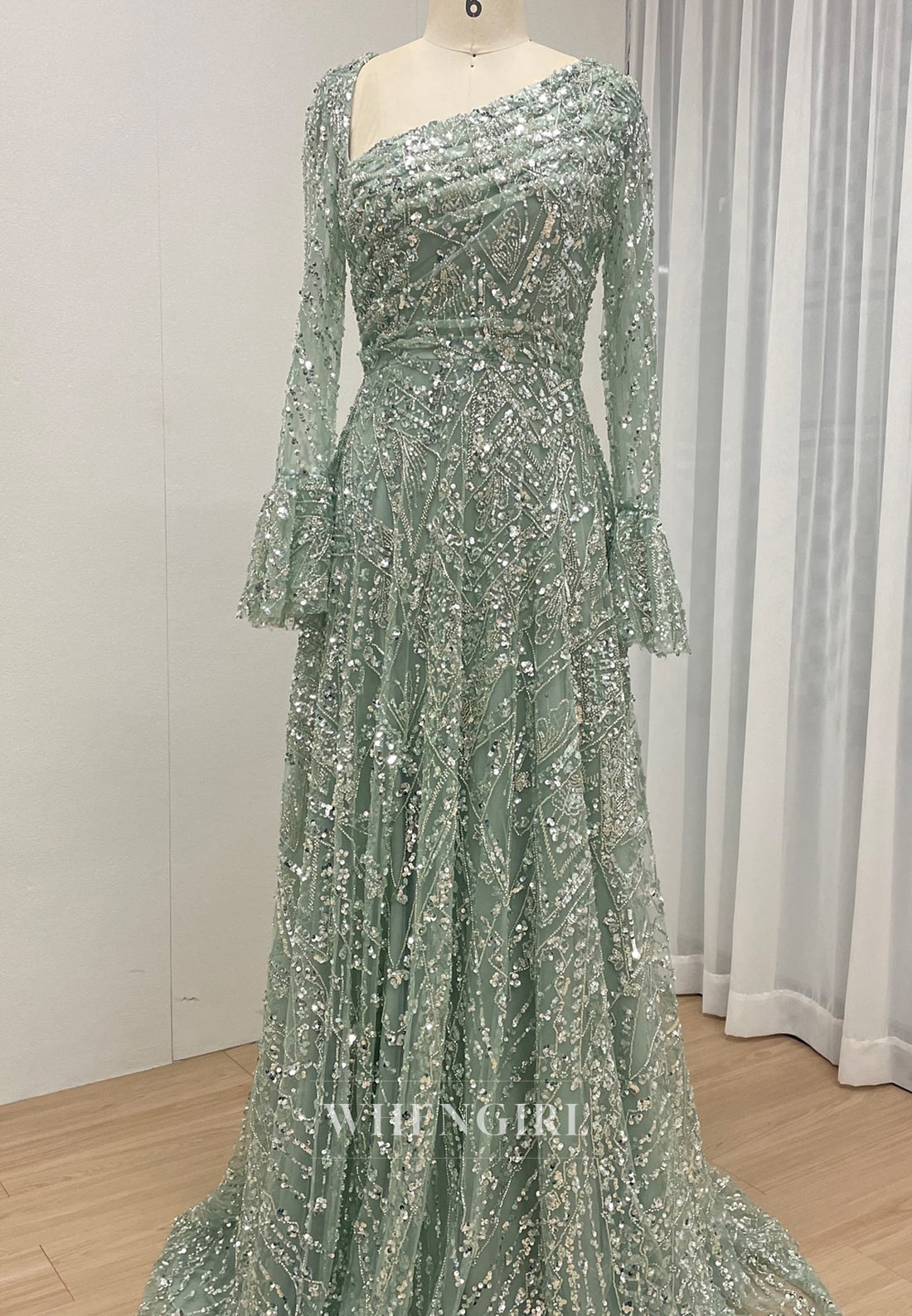 A-Line Green Asymmetrical Neck Long Bell Sleeves Beaded Back Zipper Evening Formal Gown
