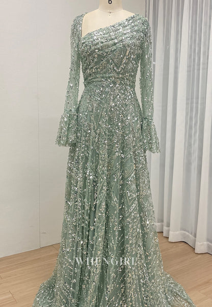 A-Line Green Asymmetrical Neck Long Bell Sleeves Beaded Back Zipper Evening Formal Gown