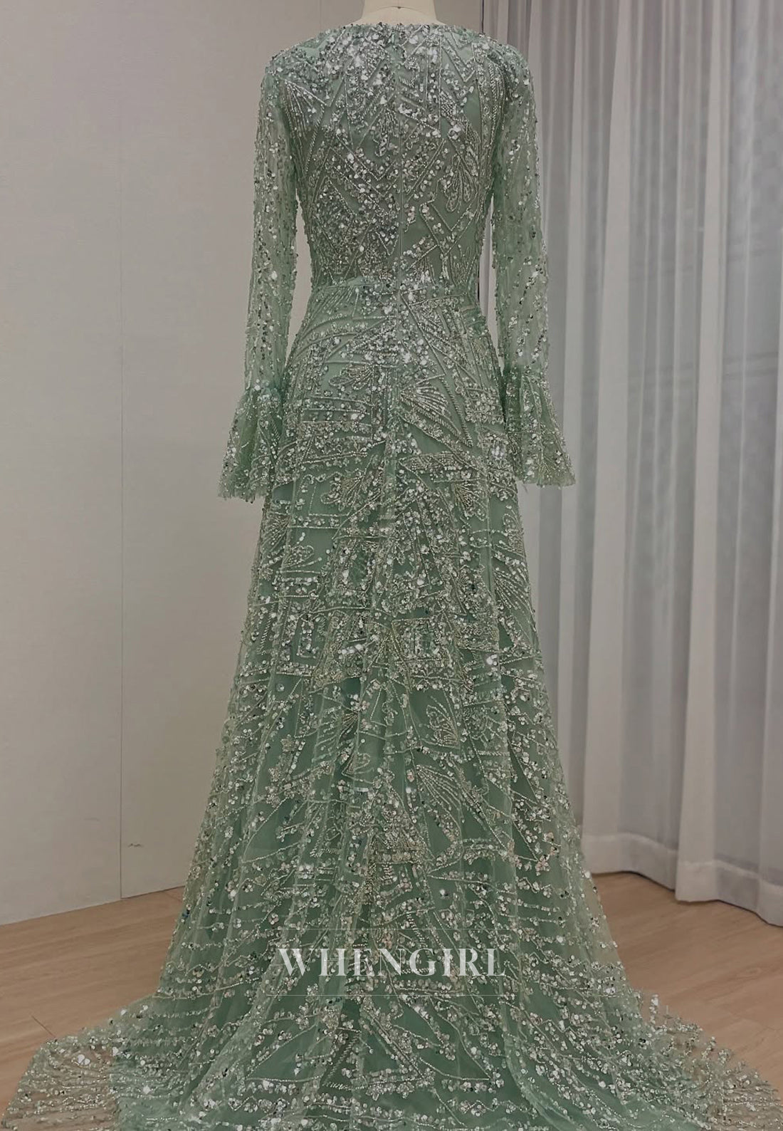 A-Line Green Asymmetrical Neck Long Bell Sleeves Beaded Back Zipper Evening Formal Gown