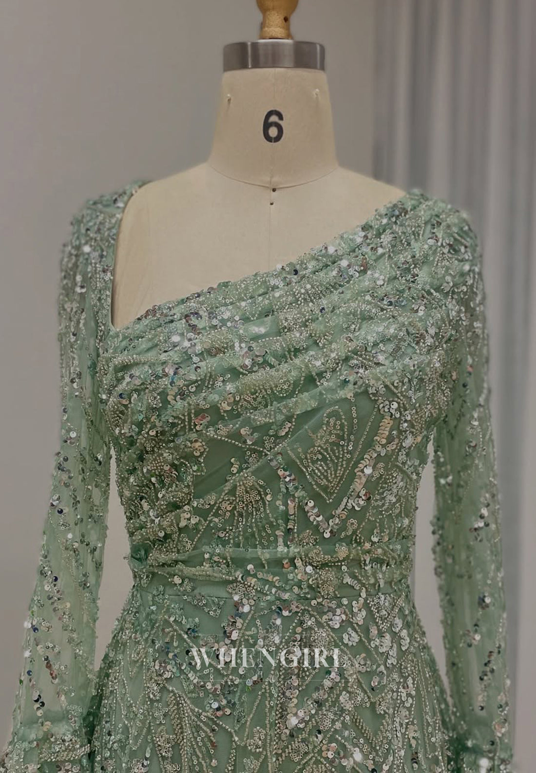 A-Line Green Asymmetrical Neck Long Bell Sleeves Beaded Back Zipper Evening Formal Gown
