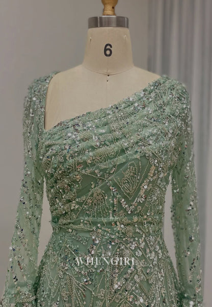 A-Line Green Asymmetrical Neck Long Bell Sleeves Beaded Back Zipper Evening Formal Gown