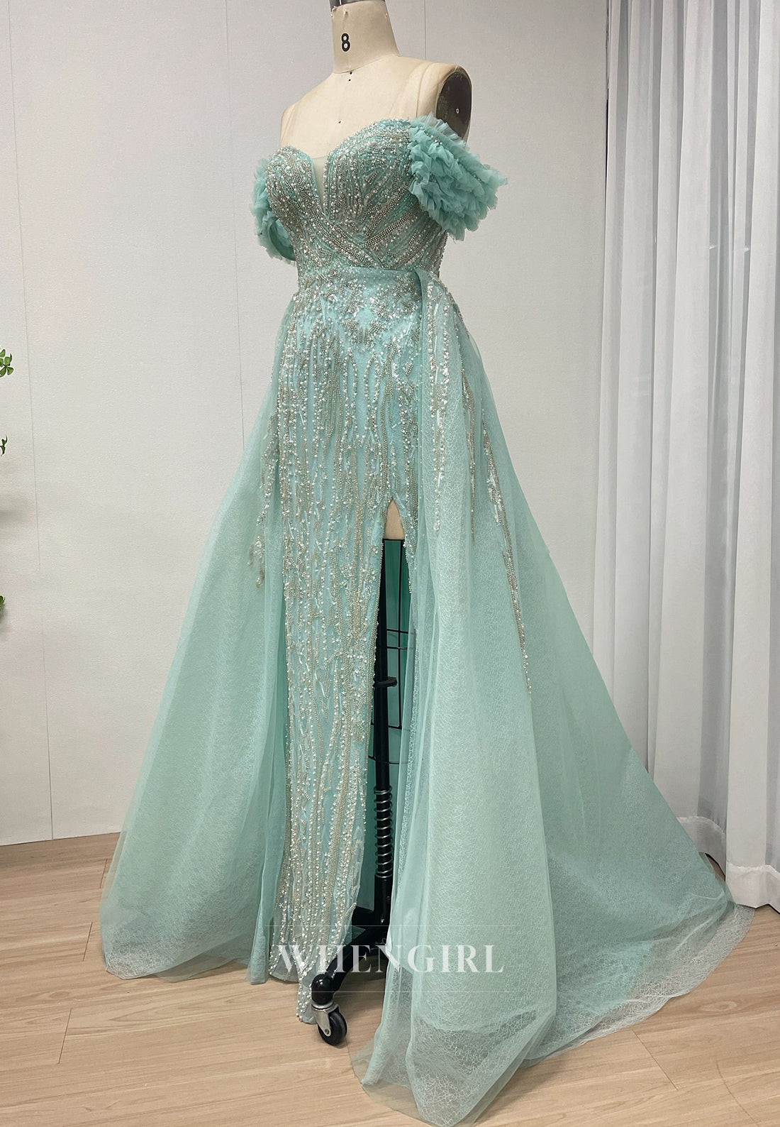 Turquoise Sheath Off Shoulder Beaded Side Slit V Neck Evening Formal Dress with Train