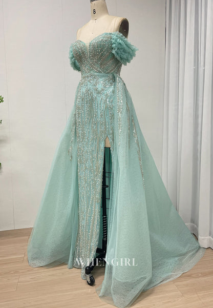 Turquoise Sheath Off Shoulder Beaded Side Slit V Neck Evening Formal Dress with Train