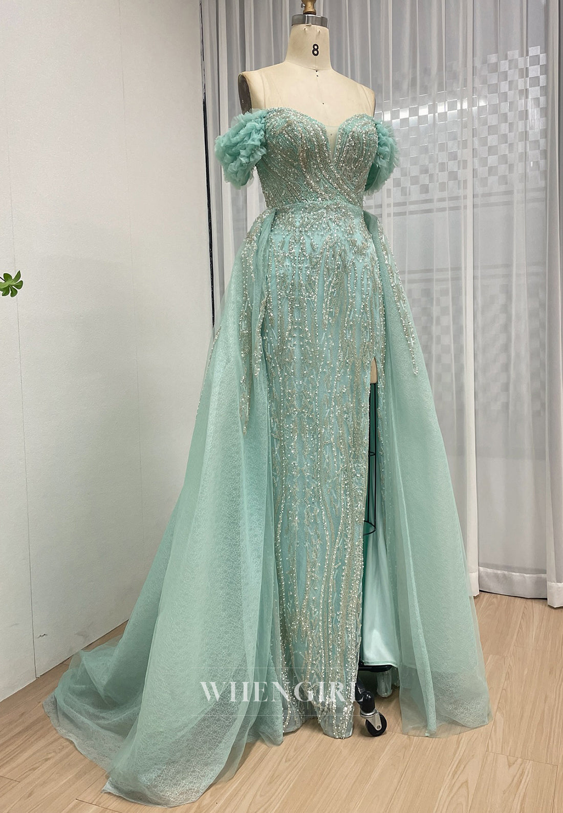 Turquoise Sheath Off Shoulder Beaded Side Slit V Neck Evening Formal Dress with Train