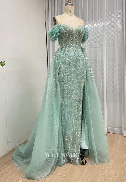 Turquoise Sheath Off Shoulder Beaded Side Slit V Neck Evening Formal Dress with Train